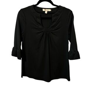 Aryeh Women's Medium Horseshoe Neckline 3/4 Length‎ Sleeves Black Blouse Top